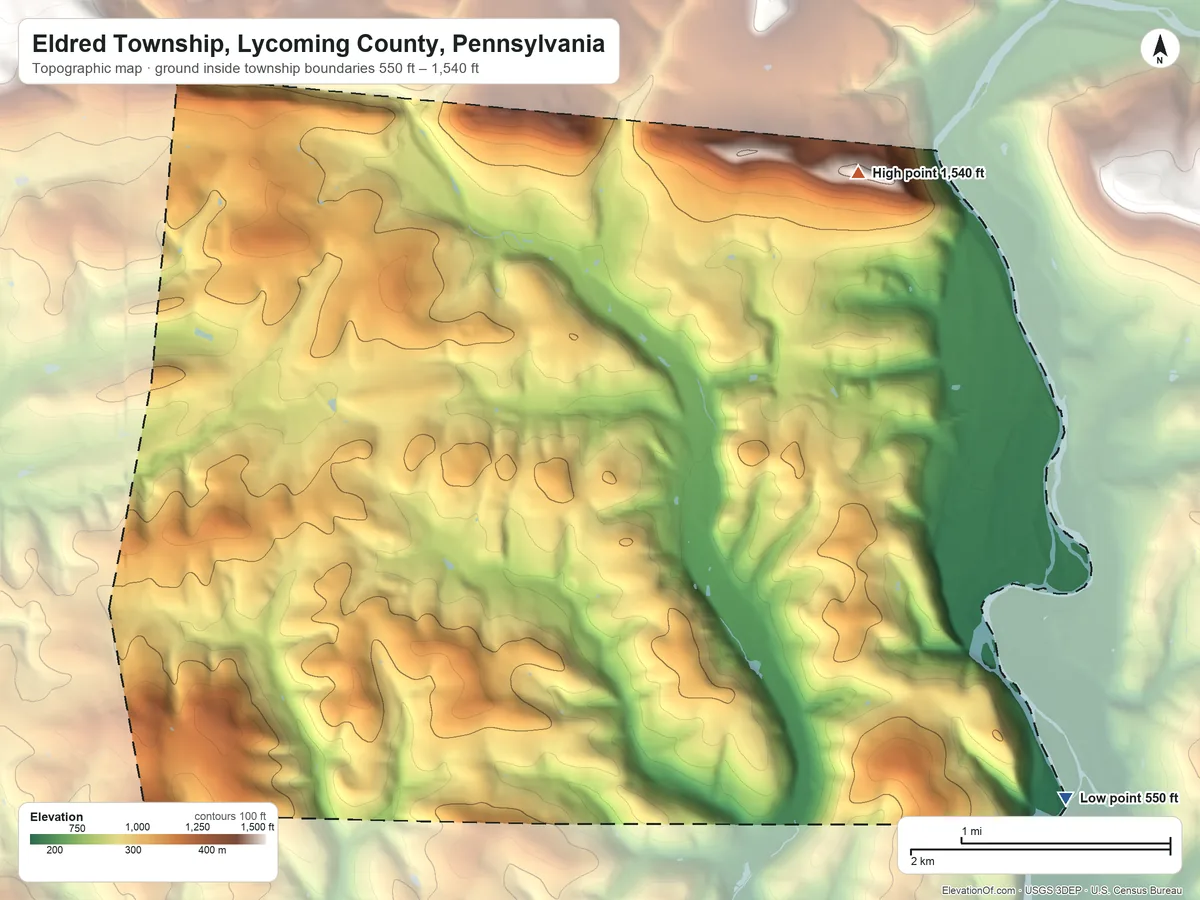 Topographic elevation map of Eldred Township, Lycoming County, Pennsylvania, shaded from 550 ft on the southeast side to 1,540 ft on the northeast side