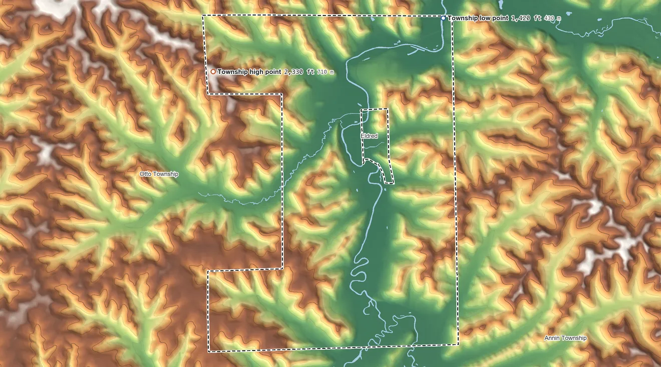 Topographic elevation map of Eldred Township, McKean County, Pennsylvania, shaded from 1,420 ft on the northeast side to 2,330 ft on the northwest side