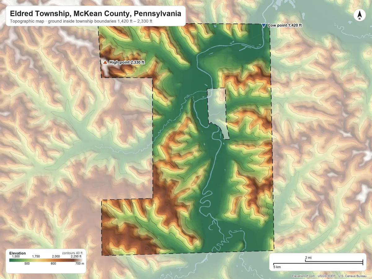 Topographic elevation map of Eldred Township, McKean County, Pennsylvania, shaded from 1,420 ft on the northeast side to 2,330 ft on the northwest side