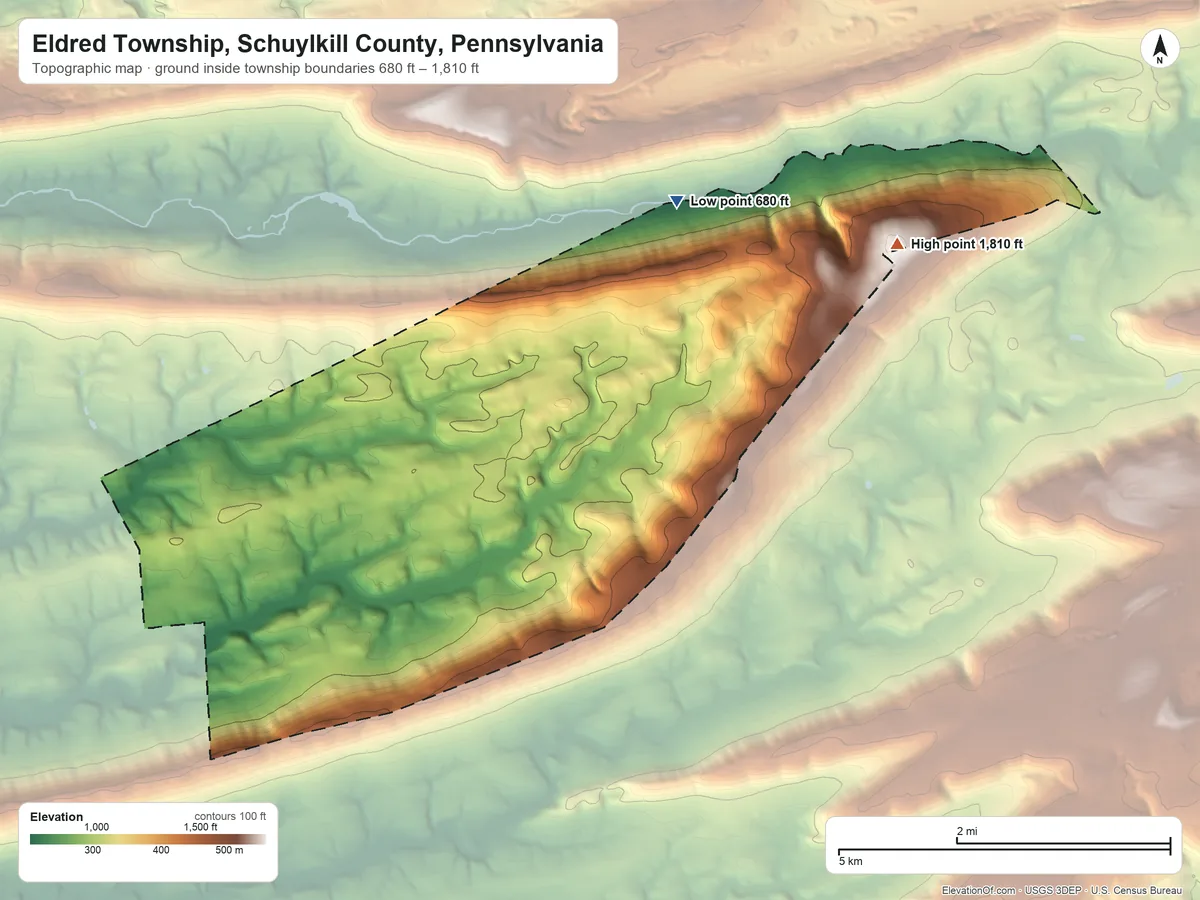 Topographic elevation map of Eldred Township, Schuylkill County, Pennsylvania, shaded from 680 ft on the northeast side to 1,810 ft on the northeast side