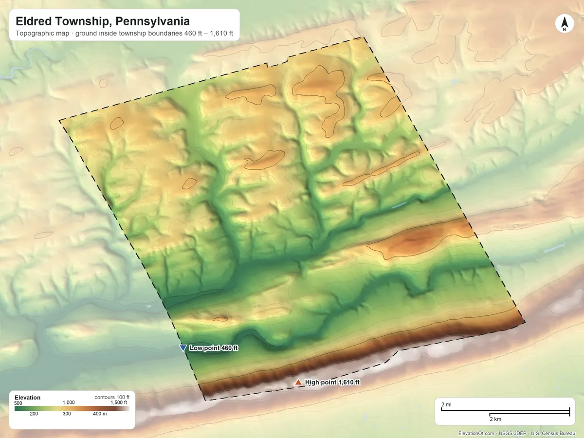 Topographic elevation map of Eldred Township, Pennsylvania, shaded from 460 ft on the southwest side to 1,610 ft on the south side