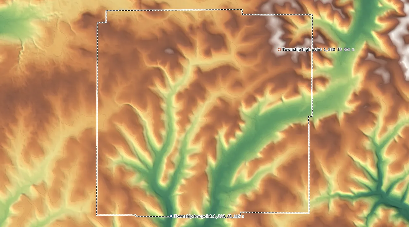 Topographic elevation map of Eldred Township, Warren County, Pennsylvania, shaded from 1,300 ft on the southwest side to 1,880 ft on the northeast side