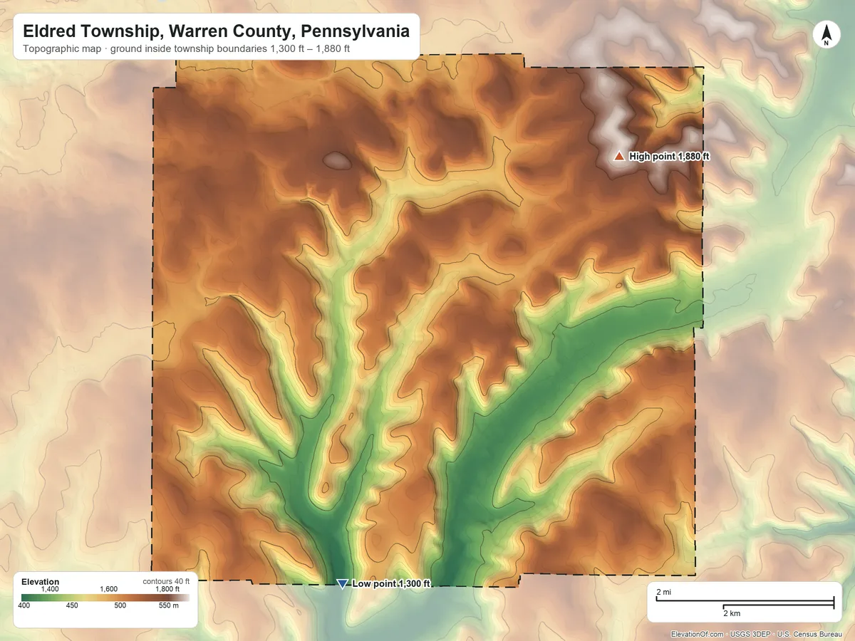 Topographic elevation map of Eldred Township, Warren County, Pennsylvania, shaded from 1,300 ft on the southwest side to 1,880 ft on the northeast side