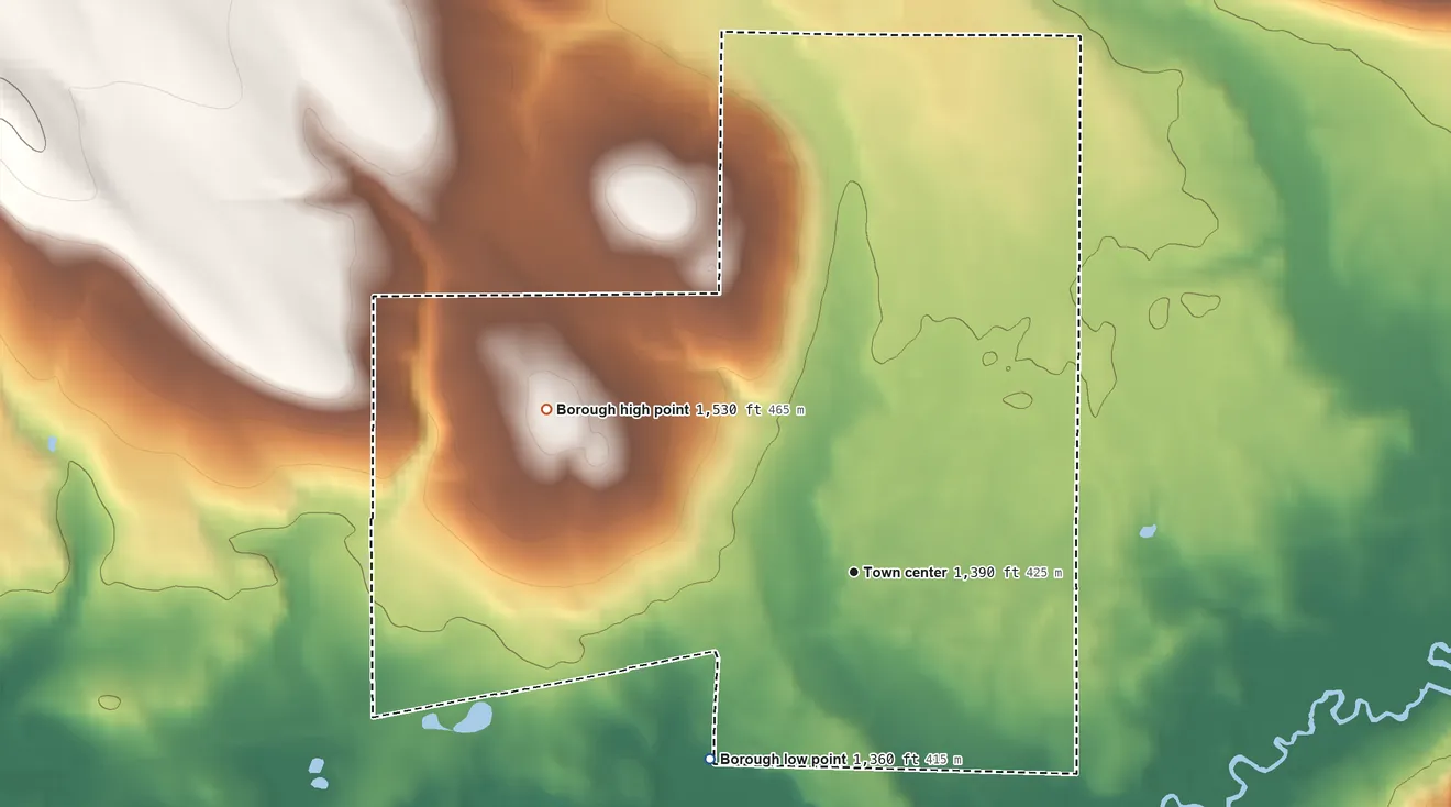 Topographic elevation map of Elgin, Pennsylvania, shaded from 1,360 ft on the southwest side to 1,530 ft on the northwest side