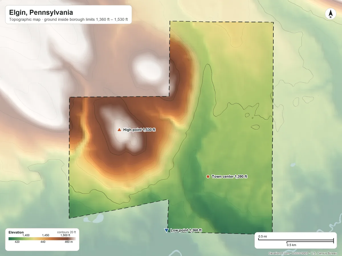 Topographic elevation map of Elgin, Pennsylvania, shaded from 1,360 ft on the southwest side to 1,530 ft on the northwest side