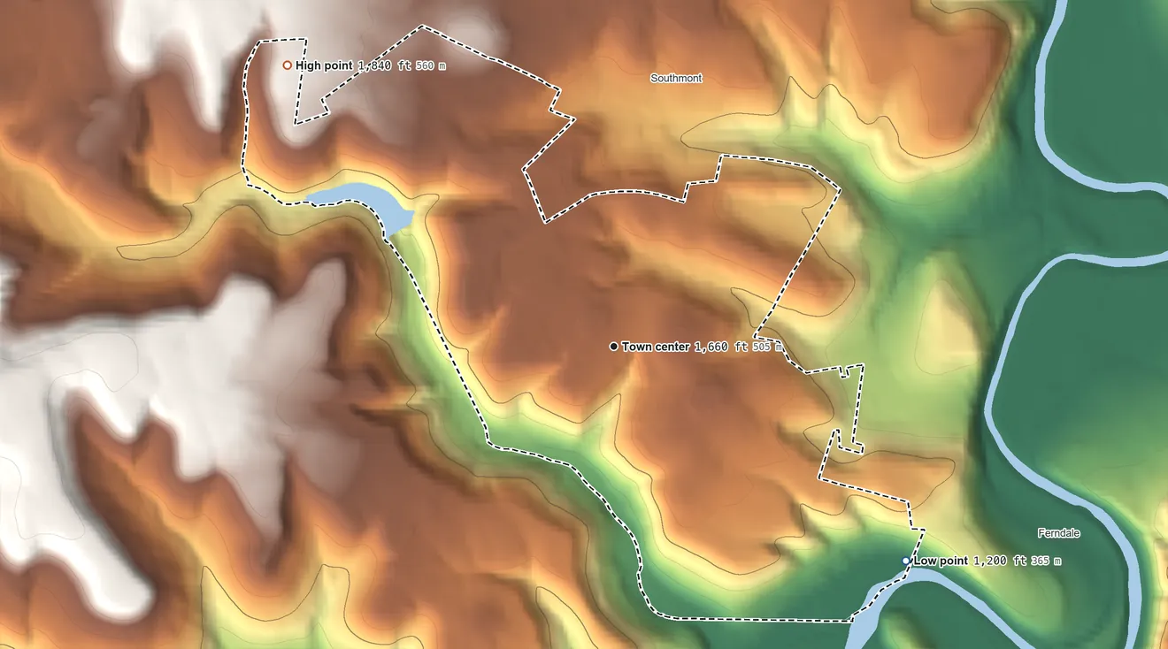 Topographic elevation map of Elim, Pennsylvania, shaded from 1,200 ft on the southeast side to 1,840 ft on the northwest side