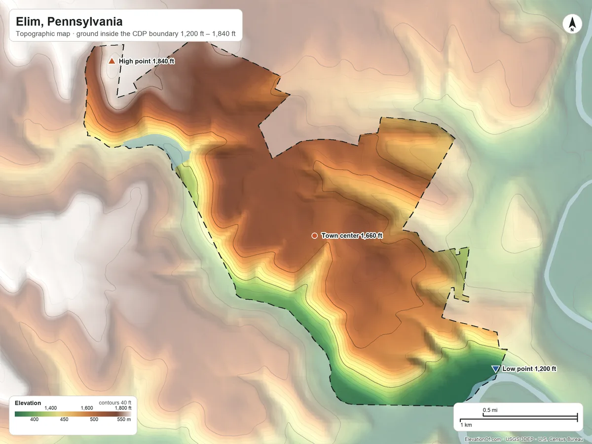 Topographic elevation map of Elim, Pennsylvania, shaded from 1,200 ft on the southeast side to 1,840 ft on the northwest side