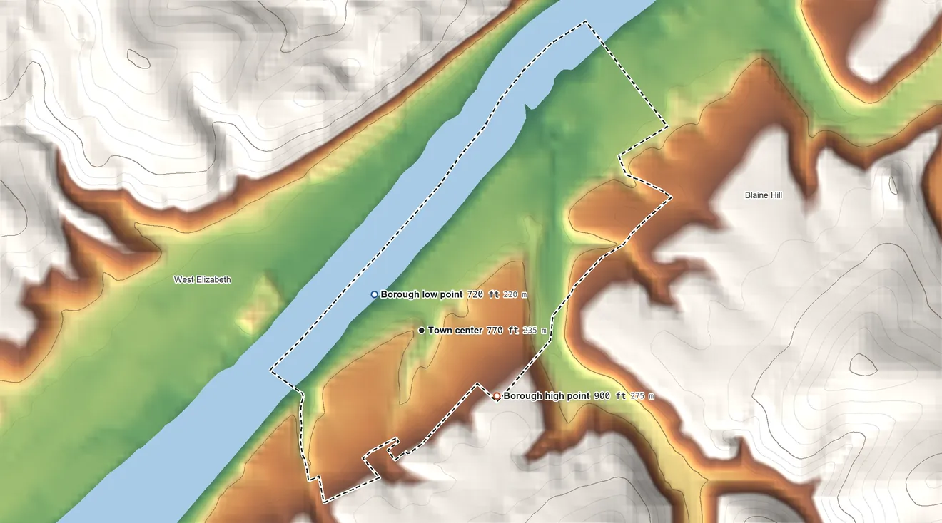 Topographic elevation map of Elizabeth, Pennsylvania, shaded from 720 ft near the middle to 900 ft on the southeast edge, below higher ground just outside