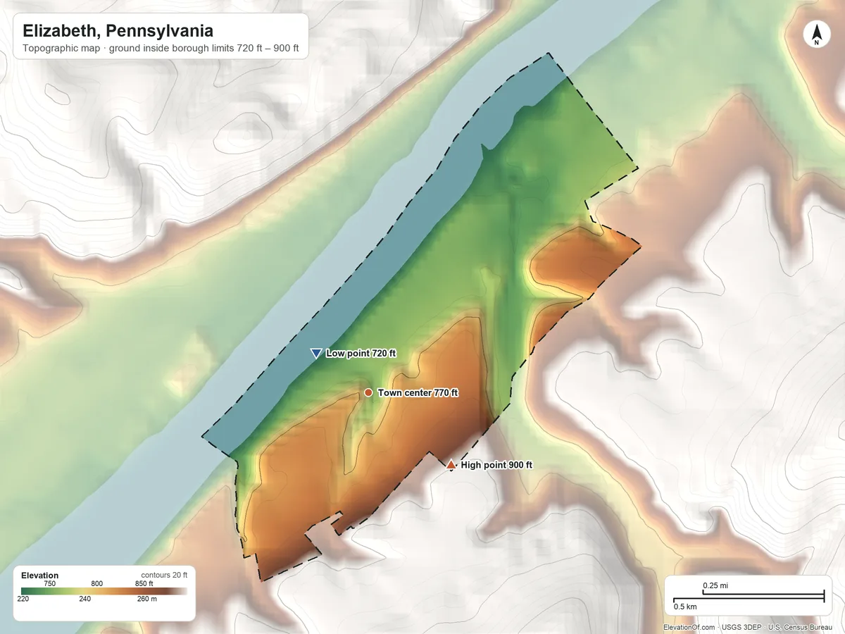 Topographic elevation map of Elizabeth, Pennsylvania, shaded from 720 ft near the middle to 900 ft on the southeast edge, below higher ground just outside