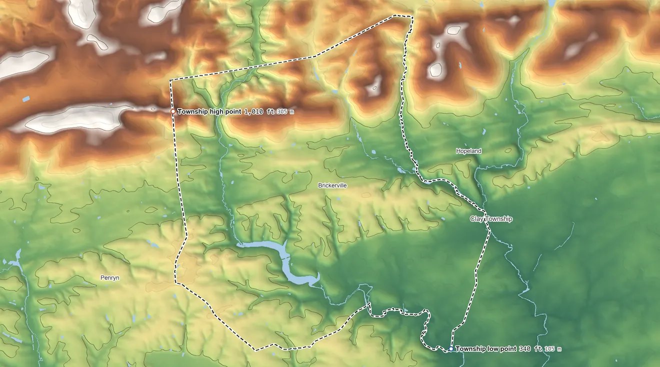 Topographic elevation map of Elizabeth Township, Lancaster County, Pennsylvania, shaded from 340 ft on the southeast side to 1,010 ft on the northwest side