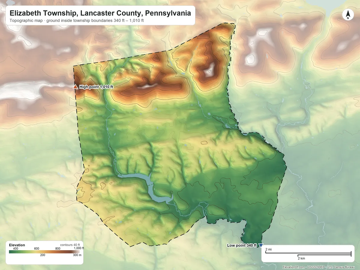 Topographic elevation map of Elizabeth Township, Lancaster County, Pennsylvania, shaded from 340 ft on the southeast side to 1,010 ft on the northwest side