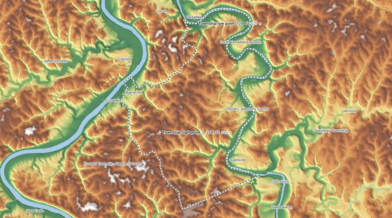 Topographic elevation map of Elizabeth Township, Pennsylvania, shaded from 720 ft on the north side to 1,260 ft on the southwest side