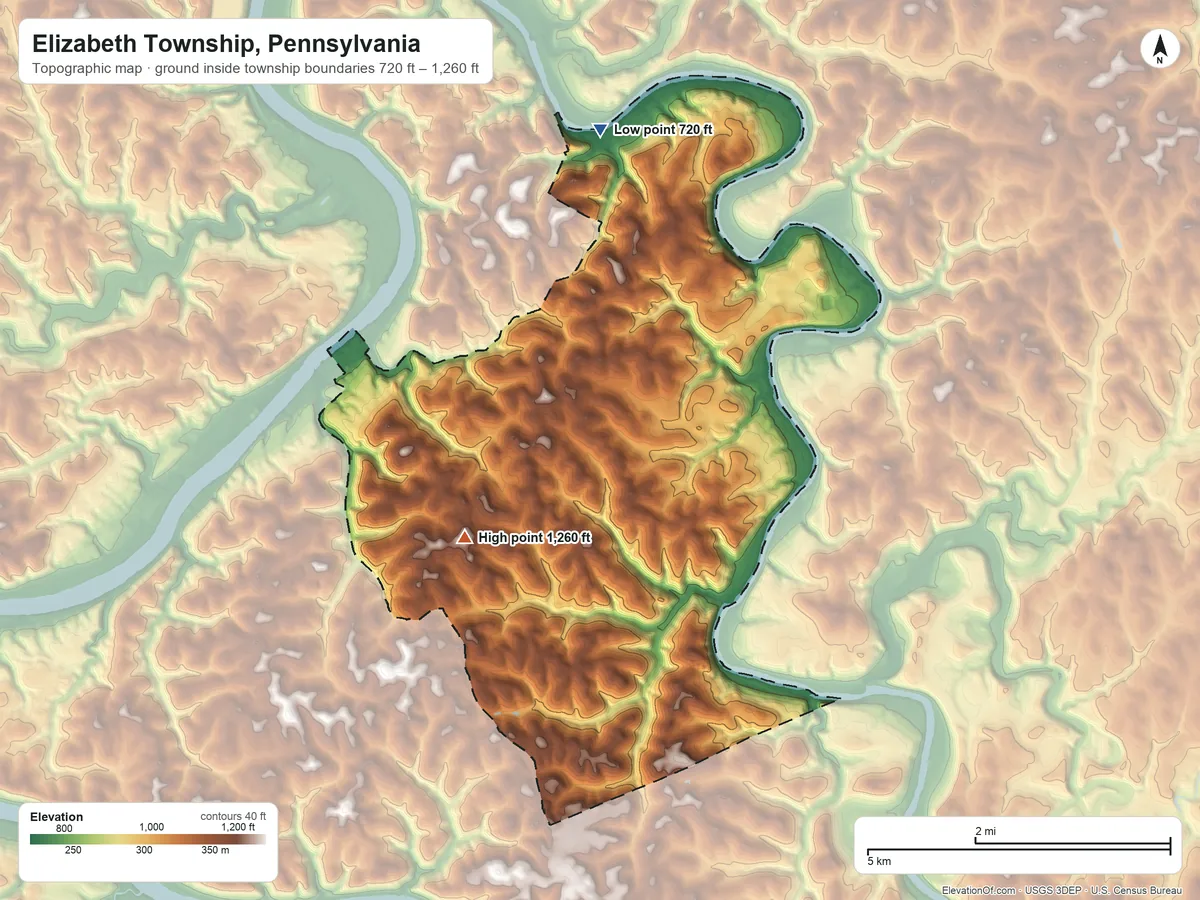 Topographic elevation map of Elizabeth Township, Pennsylvania, shaded from 720 ft on the north side to 1,260 ft on the southwest side