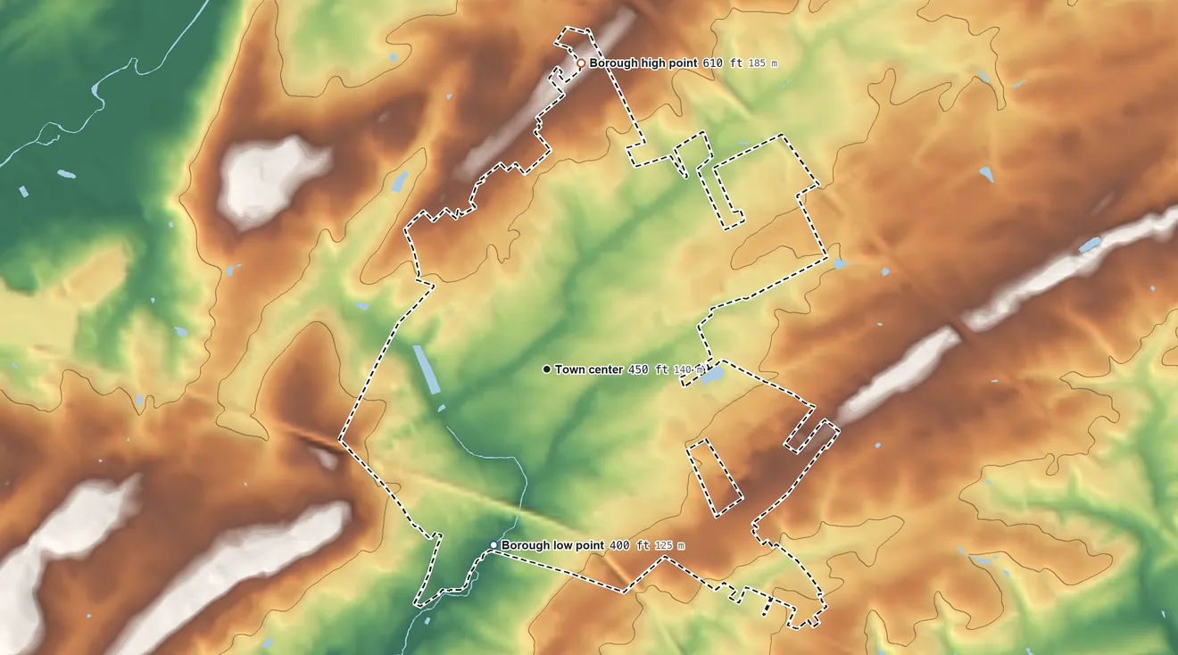 Topographic elevation map of Elizabethtown, Pennsylvania, shaded from 400 ft on the south side to 610 ft on the north side