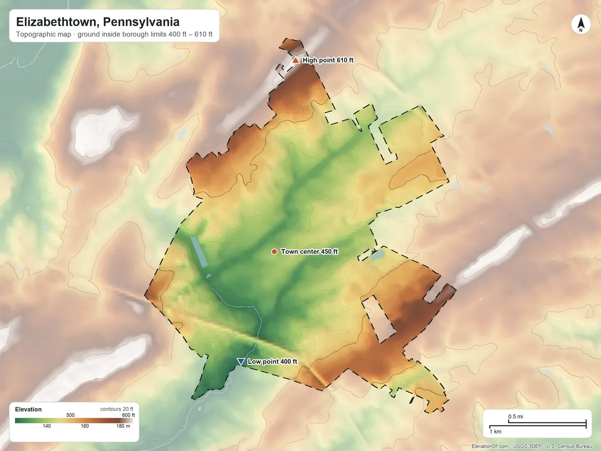 Topographic elevation map of Elizabethtown, Pennsylvania, shaded from 400 ft on the south side to 610 ft on the north side