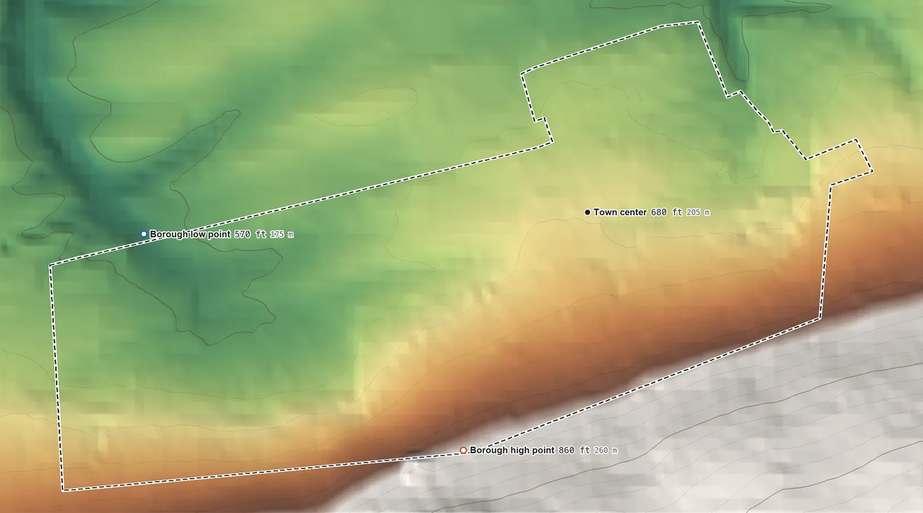 Topographic elevation map of Elizabethville, Pennsylvania, shaded from 570 ft on the west side to 860 ft on the southwest edge, below higher ground just outside