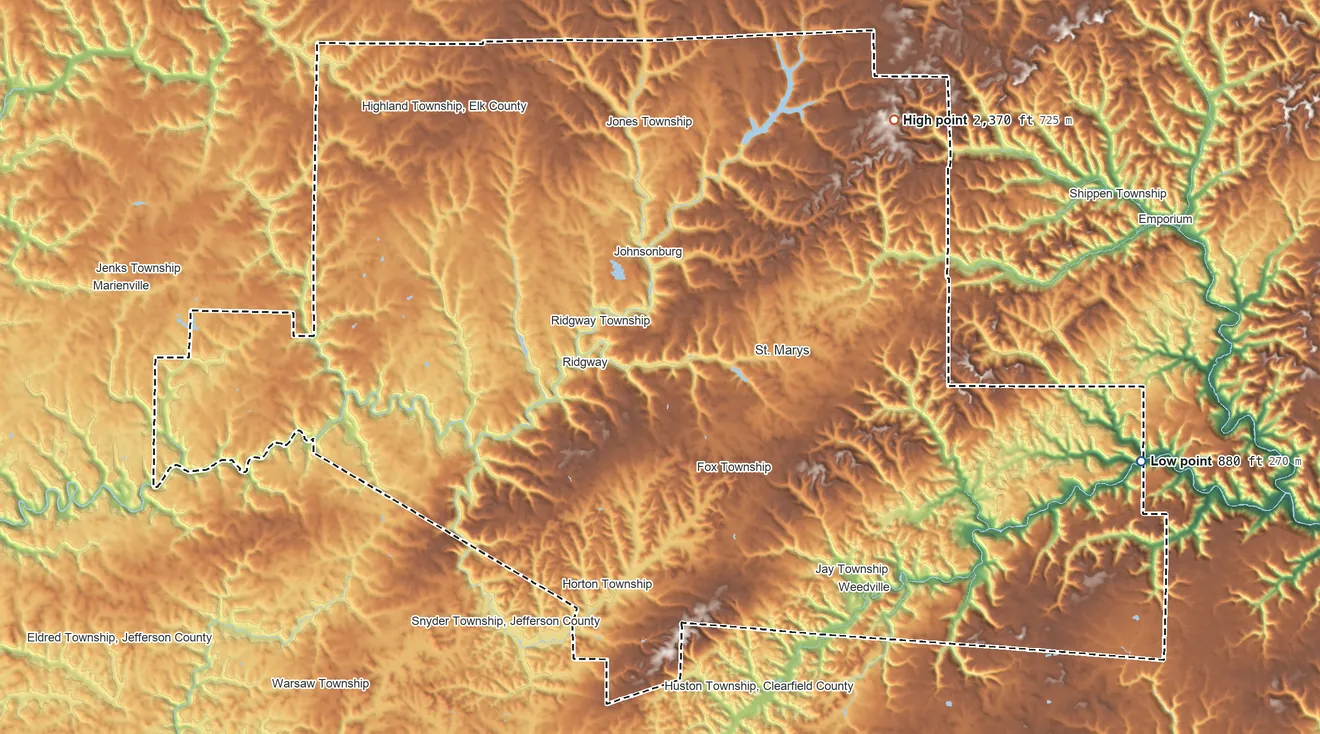 Topographic elevation map of Elk County, Pennsylvania, shaded from 880 ft on the east side to 2,370 ft on the northeast side