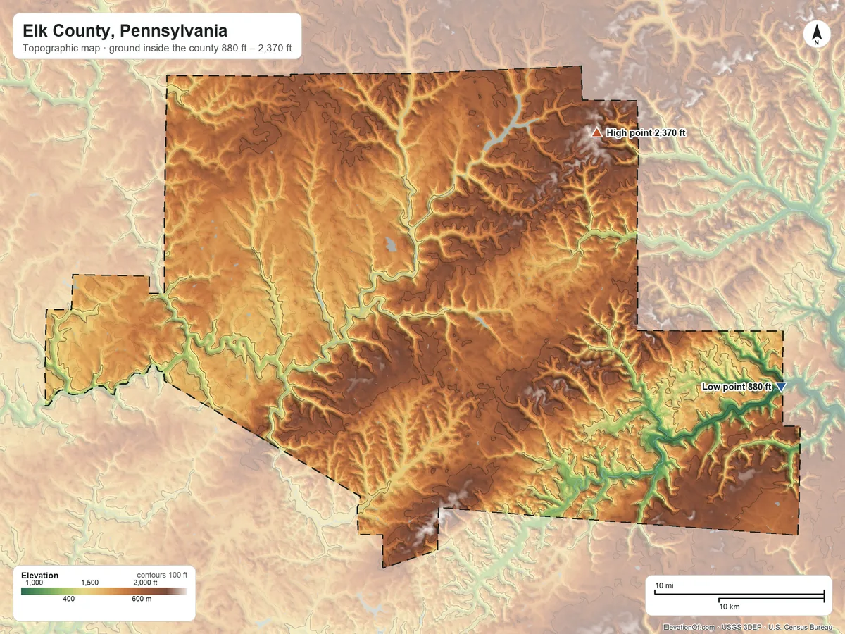 Topographic elevation map of Elk County, Pennsylvania, shaded from 880 ft on the east side to 2,370 ft on the northeast side