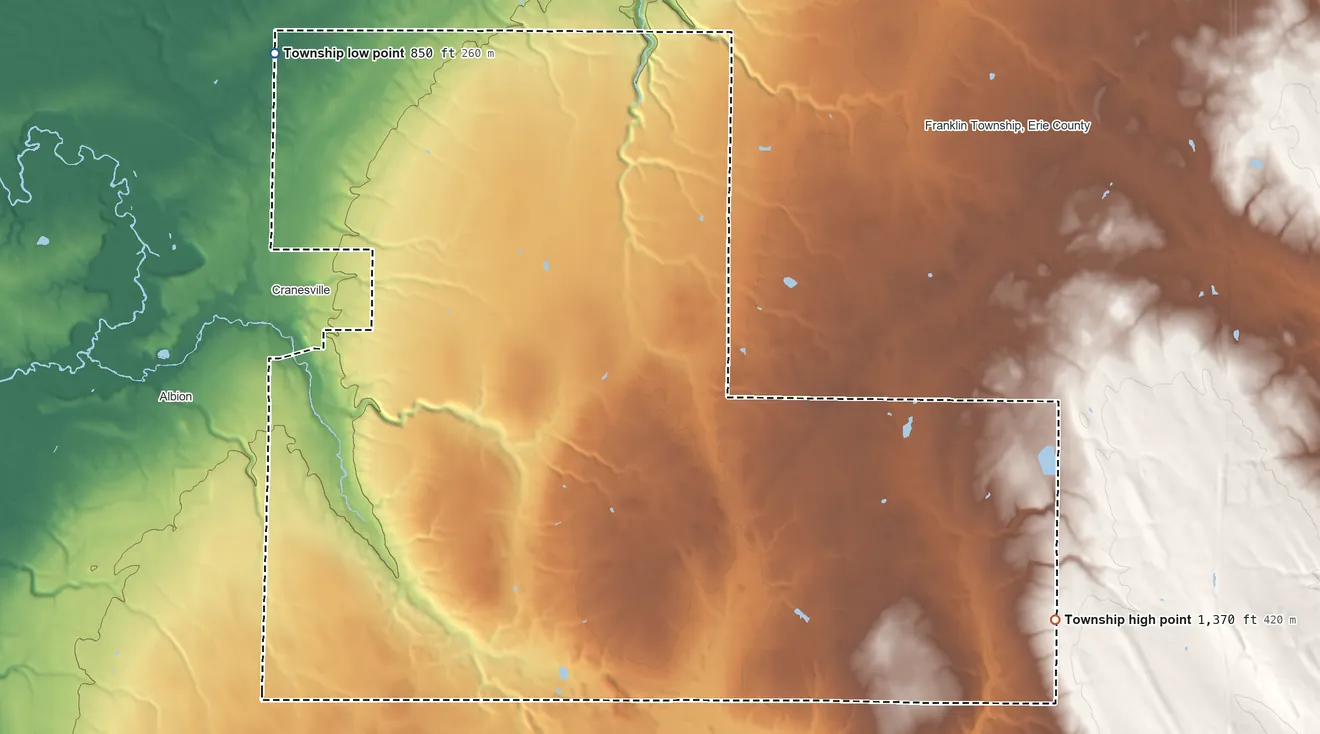 Topographic elevation map of Elk Creek Township, Pennsylvania, shaded from 850 ft on the northwest side to 1,370 ft on the east side