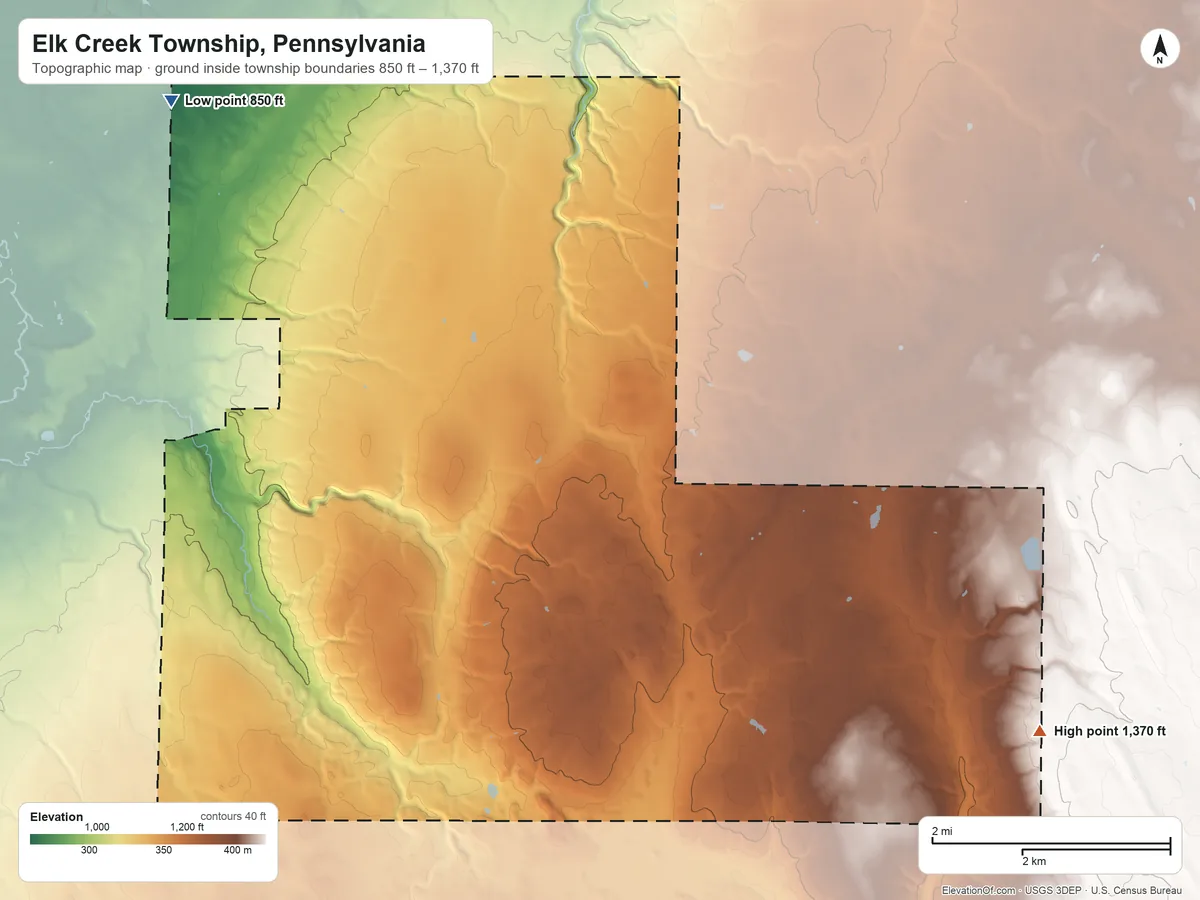Topographic elevation map of Elk Creek Township, Pennsylvania, shaded from 850 ft on the northwest side to 1,370 ft on the east side