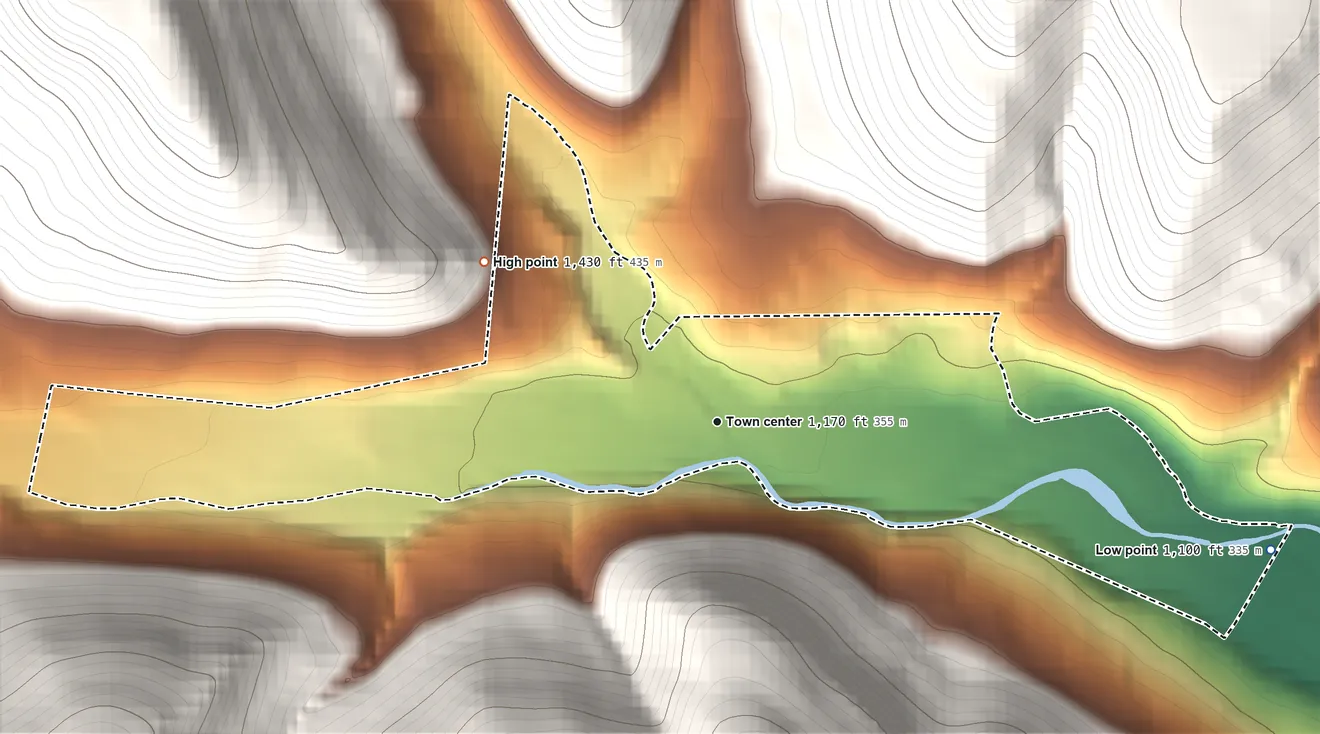 Topographic elevation map of Elk Grove, Pennsylvania, shaded from 1,100 ft on the east side to 1,430 ft at the foot of the Muncy Hills