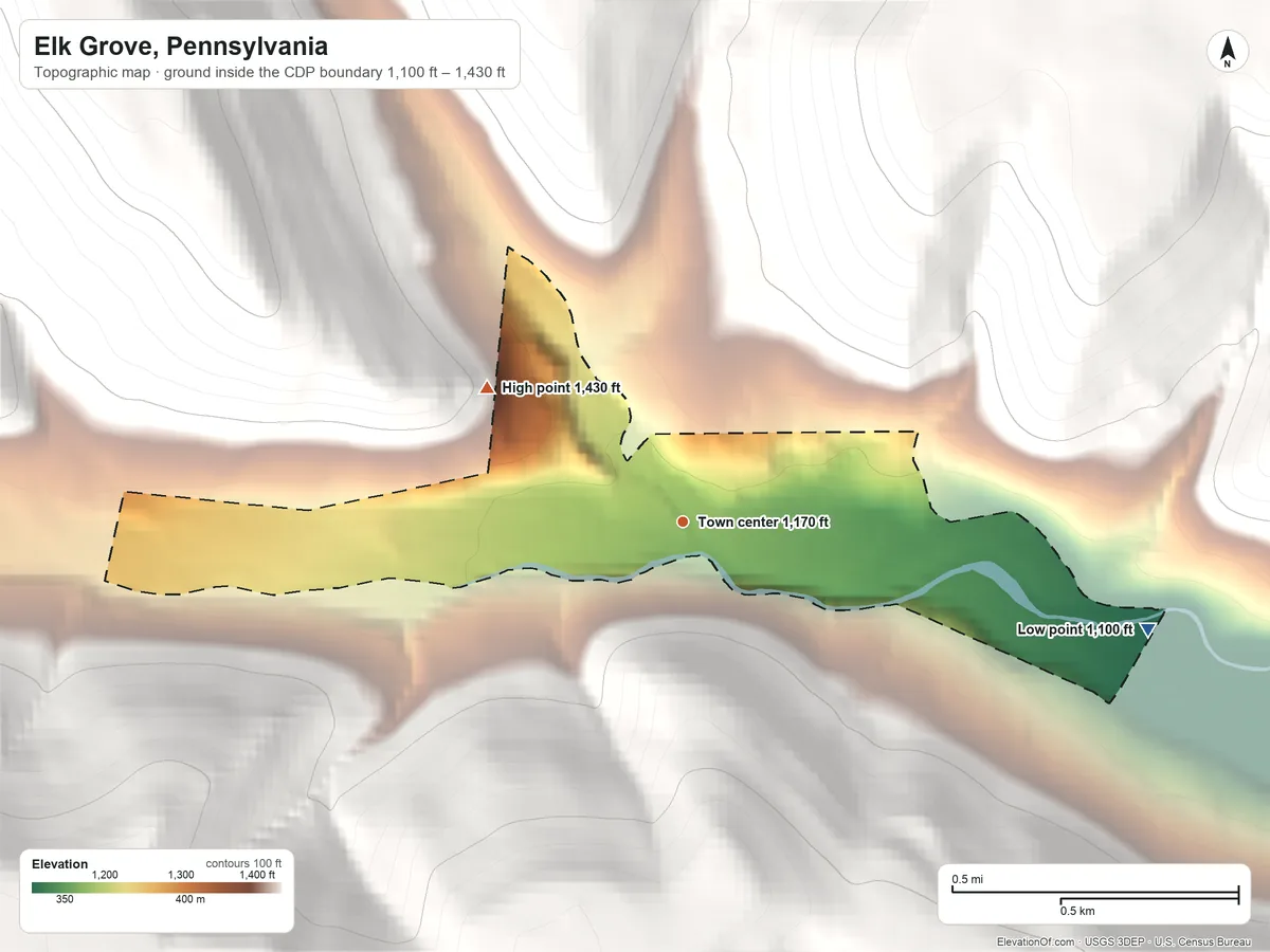 Topographic elevation map of Elk Grove, Pennsylvania, shaded from 1,100 ft on the east side to 1,430 ft at the foot of the Muncy Hills