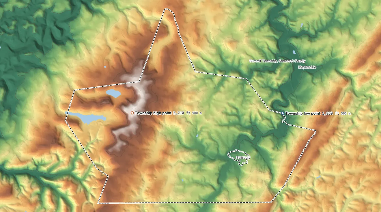 Topographic elevation map of Elk Lick Township, Pennsylvania, shaded from 1,960 ft on the northeast side to 3,210 ft on the northwest side