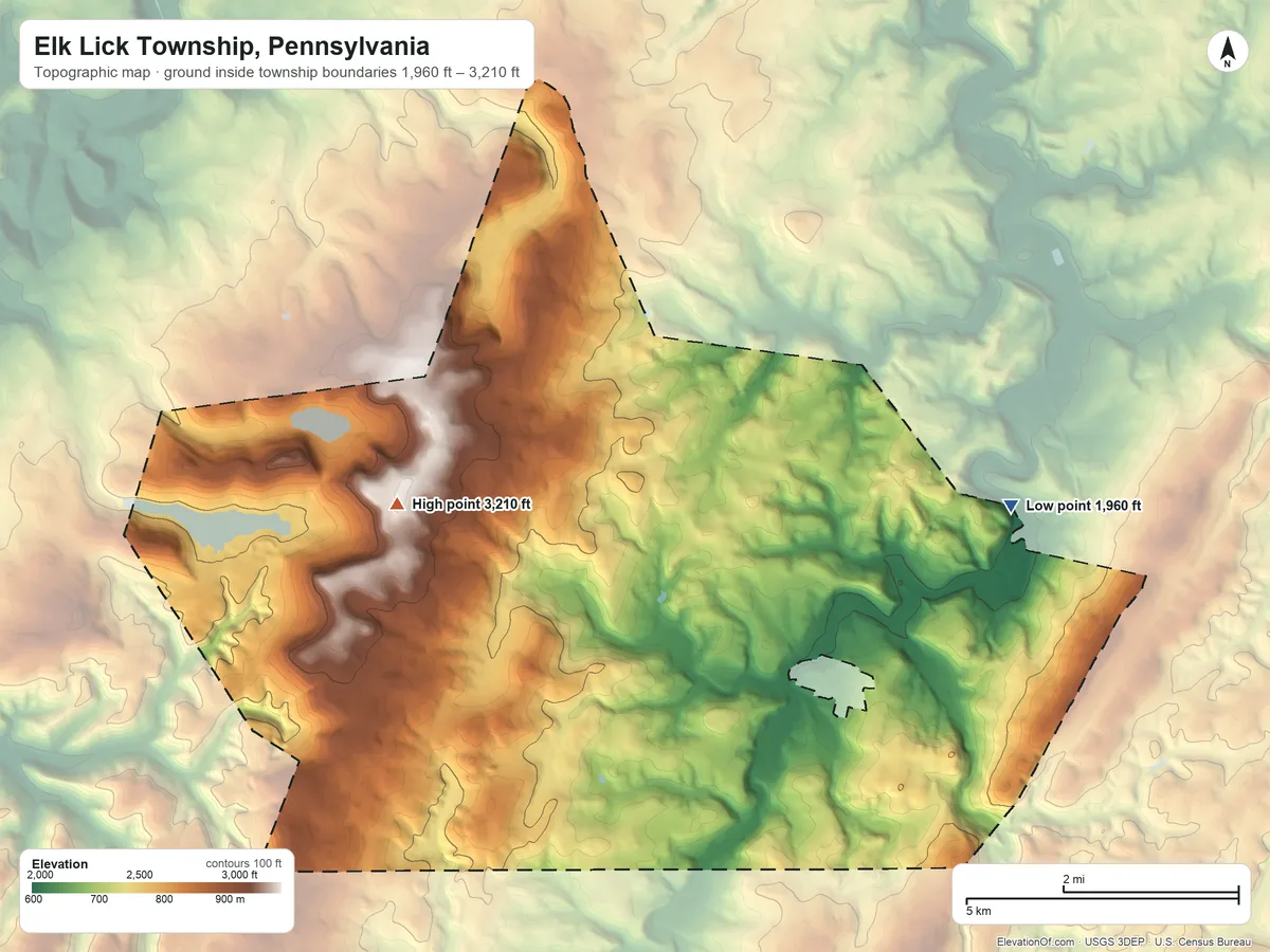 Topographic elevation map of Elk Lick Township, Pennsylvania, shaded from 1,960 ft on the northeast side to 3,210 ft on the northwest side