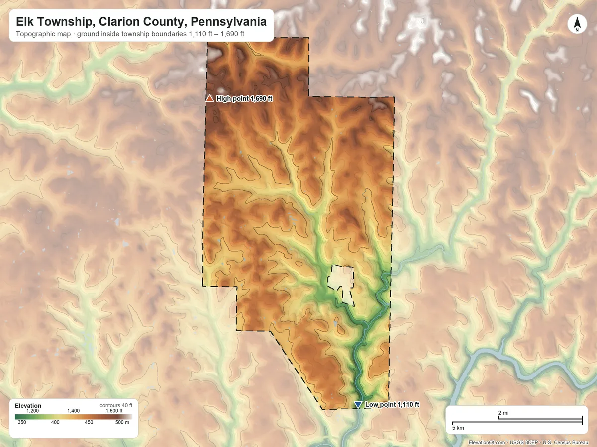 Topographic elevation map of Elk Township, Clarion County, Pennsylvania, shaded from 1,110 ft on the south side to 1,690 ft on the northwest side