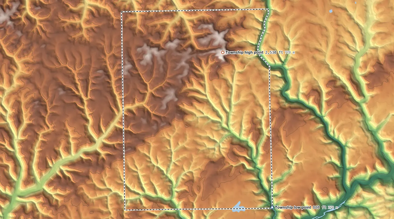 Topographic elevation map of Elk Township, Tioga County, Pennsylvania, shaded from 880 ft on the southeast side to 2,530 ft on Cedar Mountain