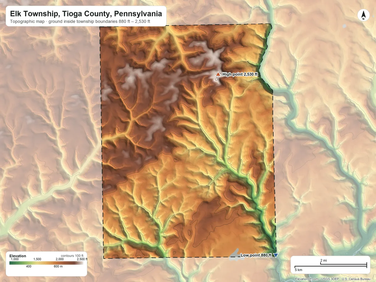 Topographic elevation map of Elk Township, Tioga County, Pennsylvania, shaded from 880 ft on the southeast side to 2,530 ft on Cedar Mountain