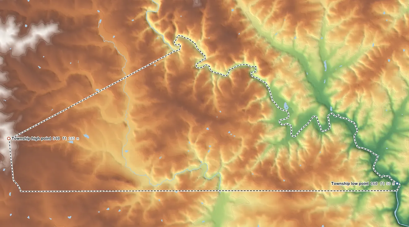 Topographic elevation map of Elk Township, Pennsylvania, shaded from 160 ft on the east side to 540 ft on the west side