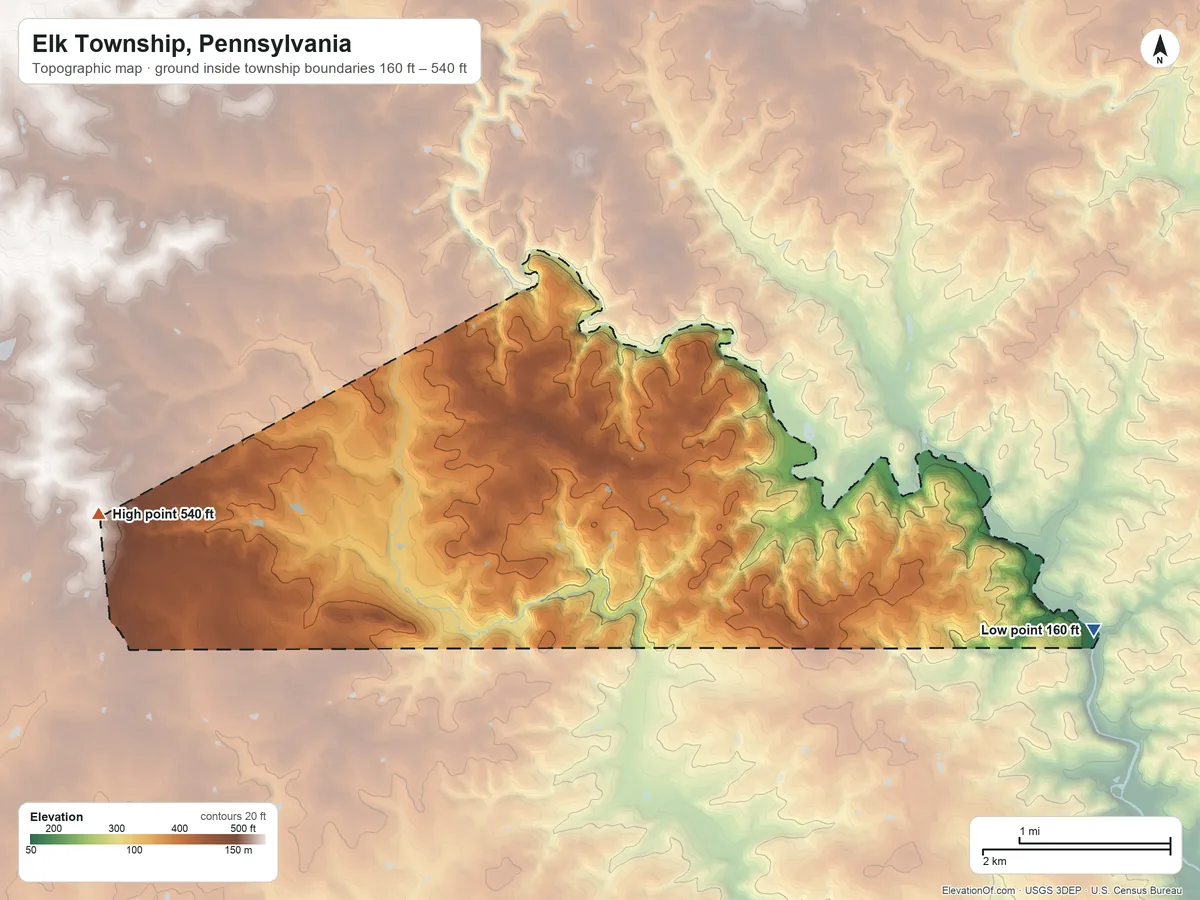 Topographic elevation map of Elk Township, Pennsylvania, shaded from 160 ft on the east side to 540 ft on the west side
