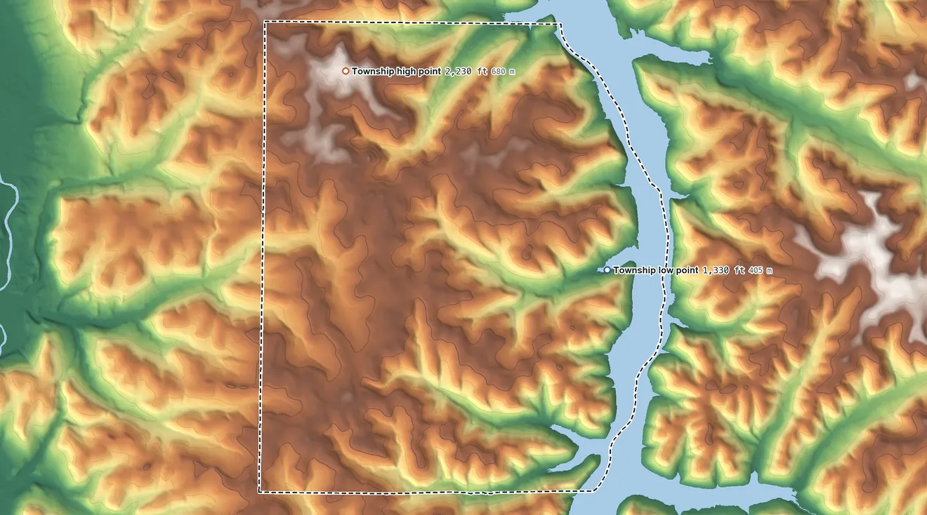Topographic elevation map of Elk Township, Warren County, Pennsylvania, shaded from 1,330 ft on the east side to 2,230 ft on the north side