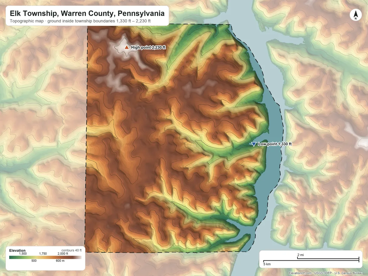 Topographic elevation map of Elk Township, Warren County, Pennsylvania, shaded from 1,330 ft on the east side to 2,230 ft on the north side
