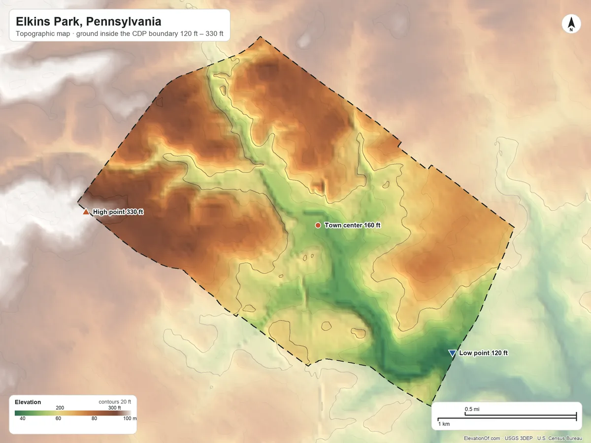 Topographic elevation map of Elkins Park, Pennsylvania, shaded from 120 ft on the southeast side to 330 ft on the west side