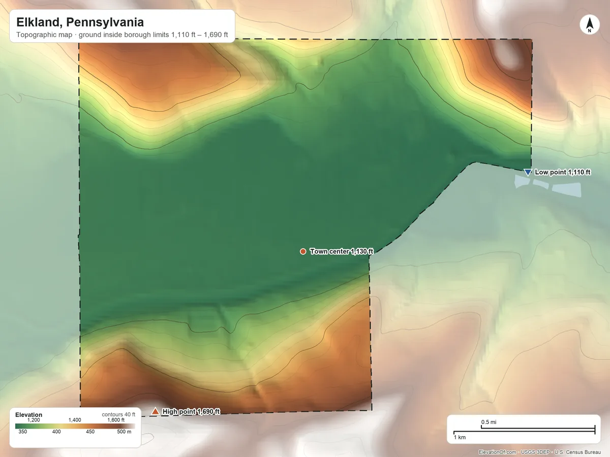 Topographic elevation map of Elkland, Pennsylvania, shaded from 1,110 ft on the east side to 1,690 ft on the southwest edge, below higher ground just outside