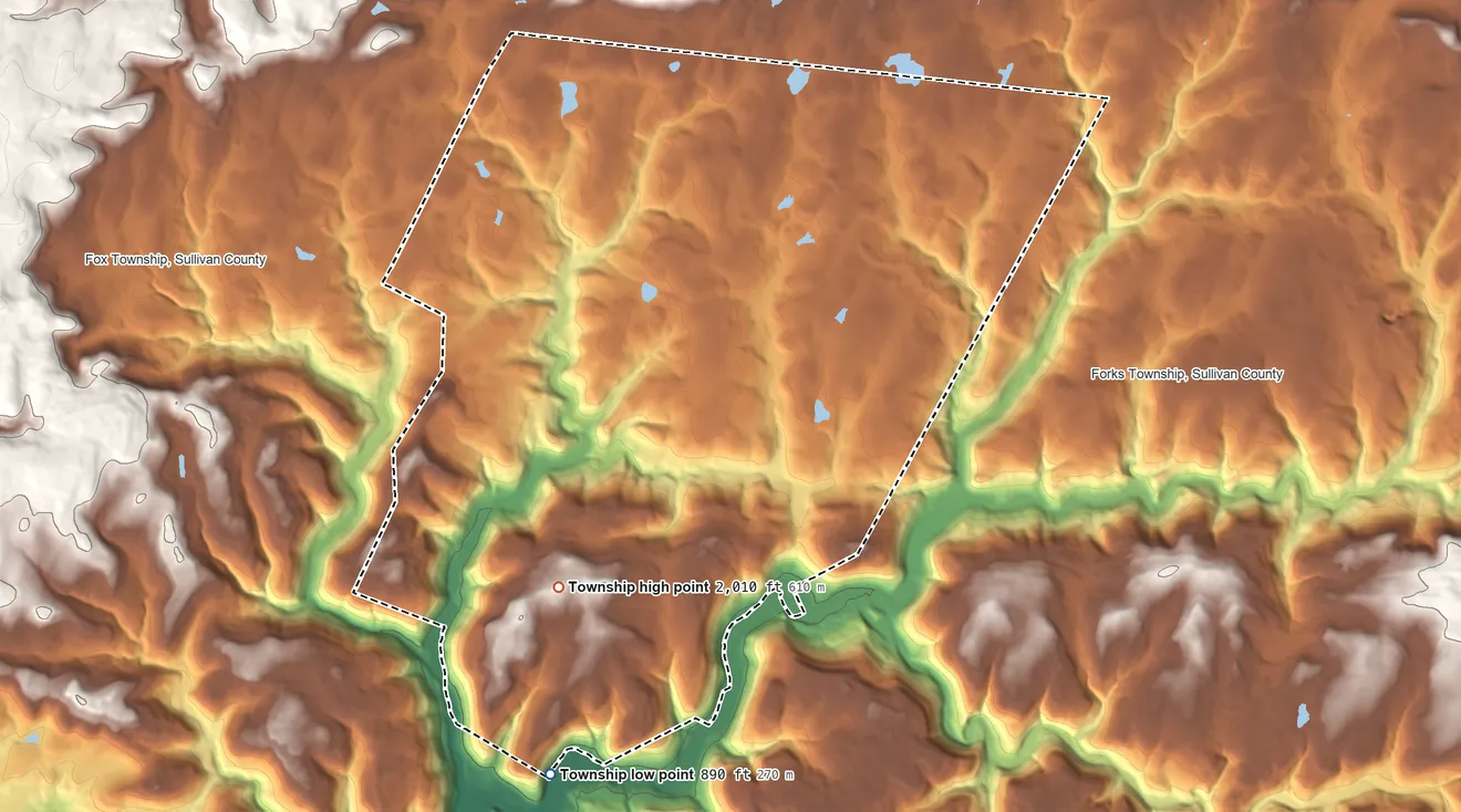Topographic elevation map of Elkland Township, Pennsylvania, shaded from 890 ft on the southwest side to 2,010 ft on the southwest side