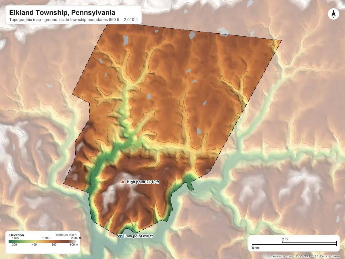 Topographic elevation map of Elkland Township, Pennsylvania, shaded from 890 ft on the southwest side to 2,010 ft on the southwest side