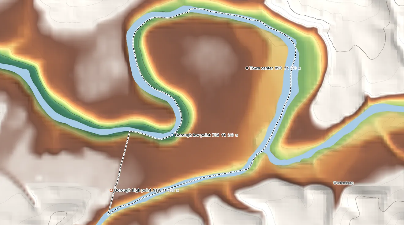 Topographic elevation map of Ellport, Pennsylvania, shaded from 780 ft on the southwest side to 910 ft on the southwest edge, below higher ground just outside