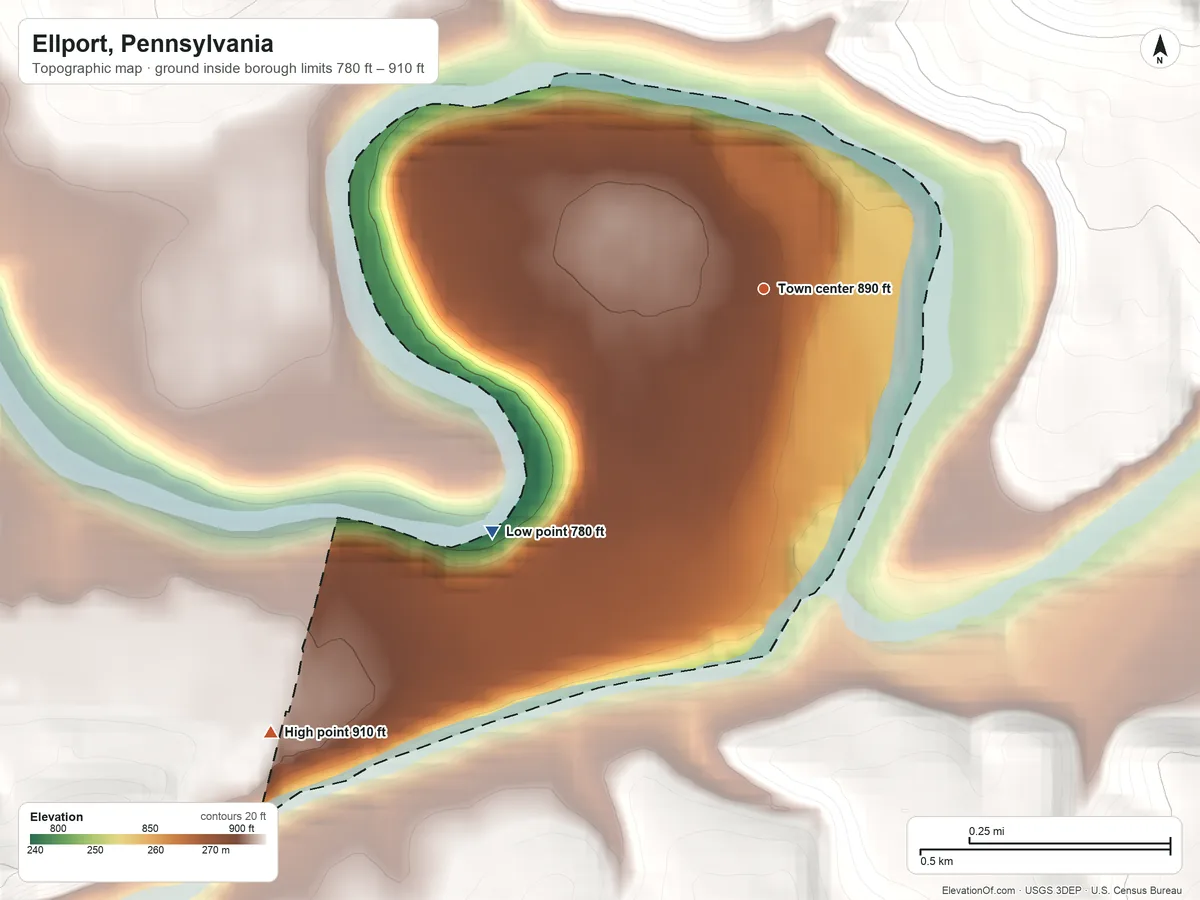 Topographic elevation map of Ellport, Pennsylvania, shaded from 780 ft on the southwest side to 910 ft on the southwest edge, below higher ground just outside