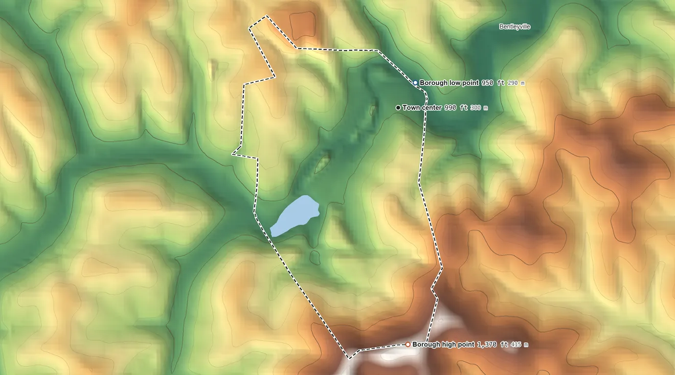 Topographic elevation map of Ellsworth, Pennsylvania, shaded from 950 ft near the middle to 1,370 ft on the south side