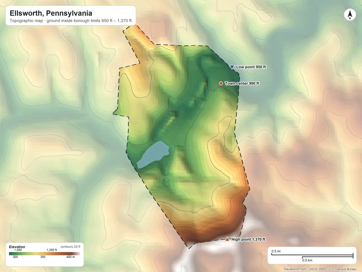 Topographic elevation map of Ellsworth, Pennsylvania, shaded from 950 ft near the middle to 1,370 ft on the south side