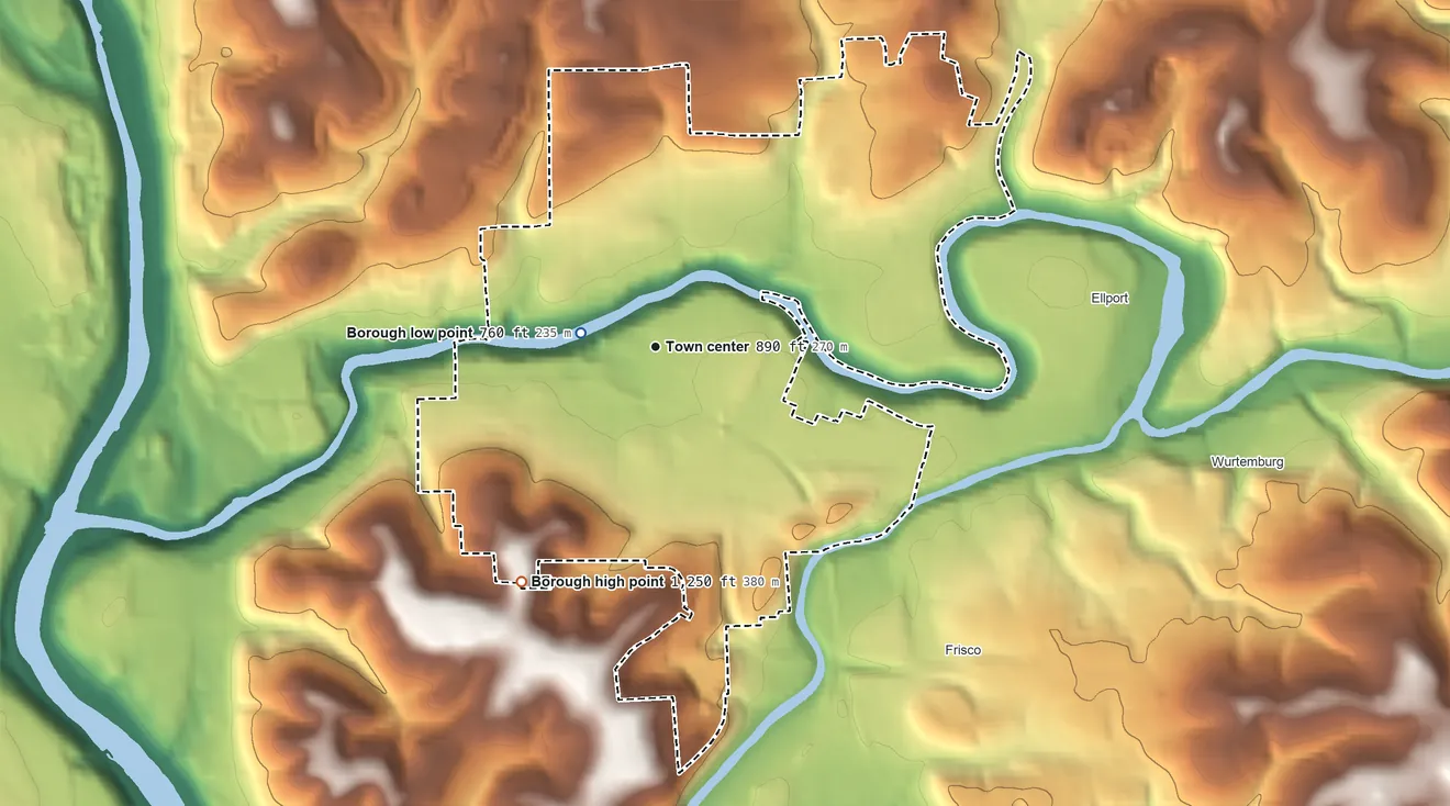 Topographic elevation map of Ellwood City, Pennsylvania, shaded from 760 ft near the middle to 1,250 ft on the southwest side