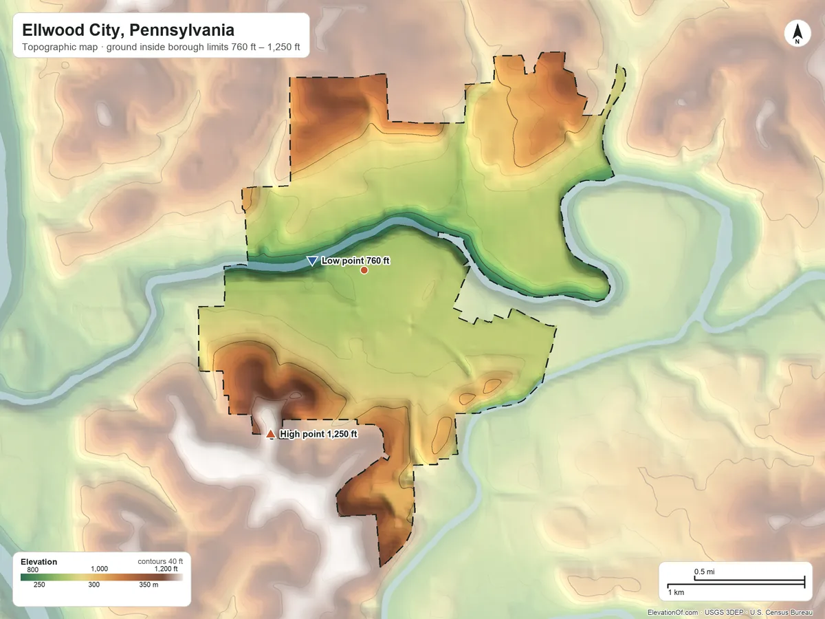 Topographic elevation map of Ellwood City, Pennsylvania, shaded from 760 ft near the middle to 1,250 ft on the southwest side
