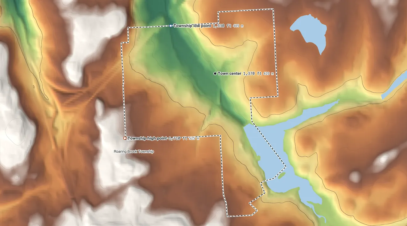 Topographic elevation map of Elmhurst Township, Pennsylvania, shaded from 1,330 ft on the northwest side to 1,710 ft at the foot of the Moosic Mountains