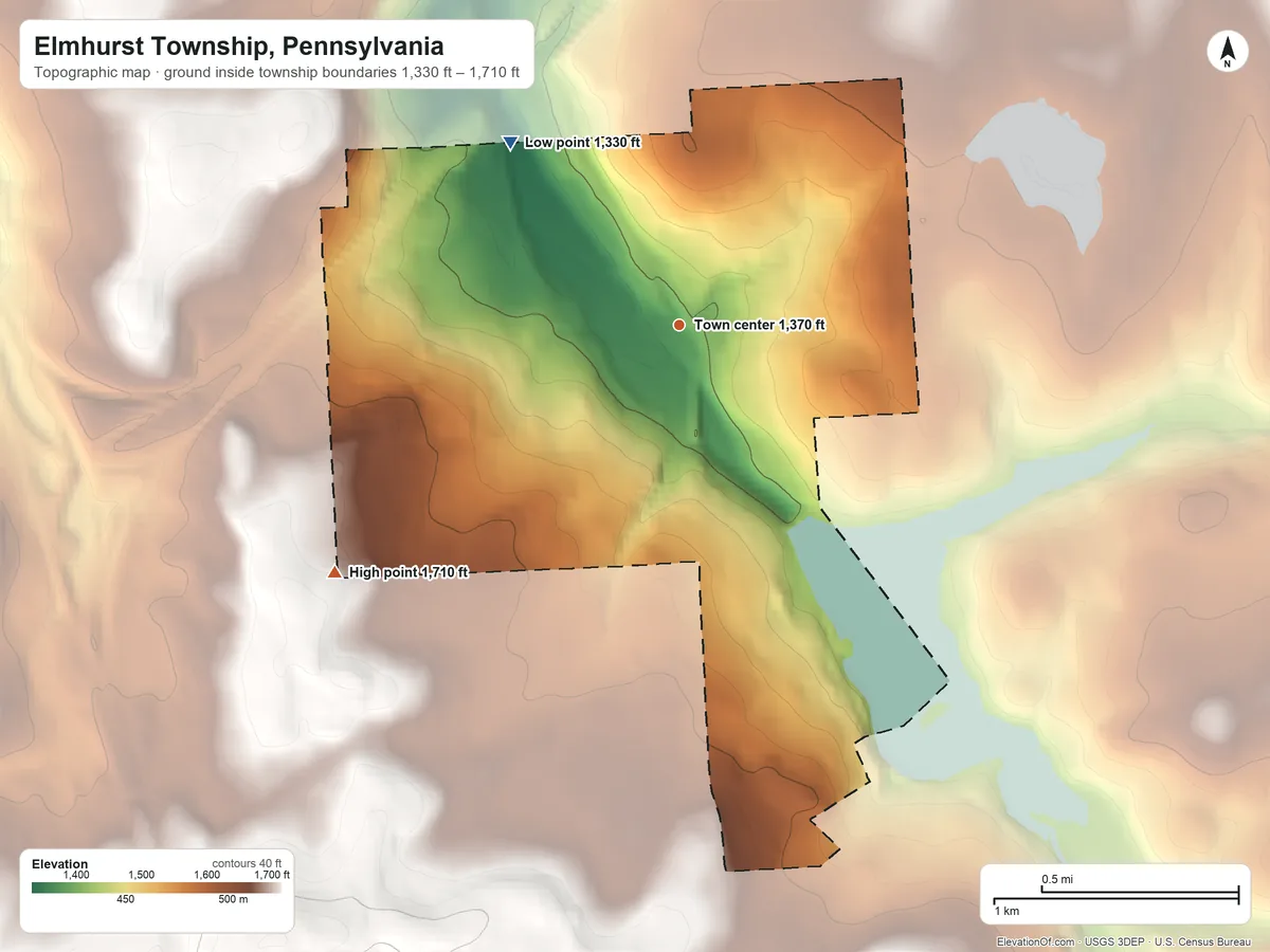 Topographic elevation map of Elmhurst Township, Pennsylvania, shaded from 1,330 ft on the northwest side to 1,710 ft at the foot of the Moosic Mountains