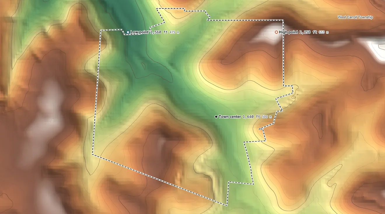 Topographic elevation map of Elmora, Pennsylvania, shaded from 1,560 ft on the northwest side to 2,150 ft on the northeast side
