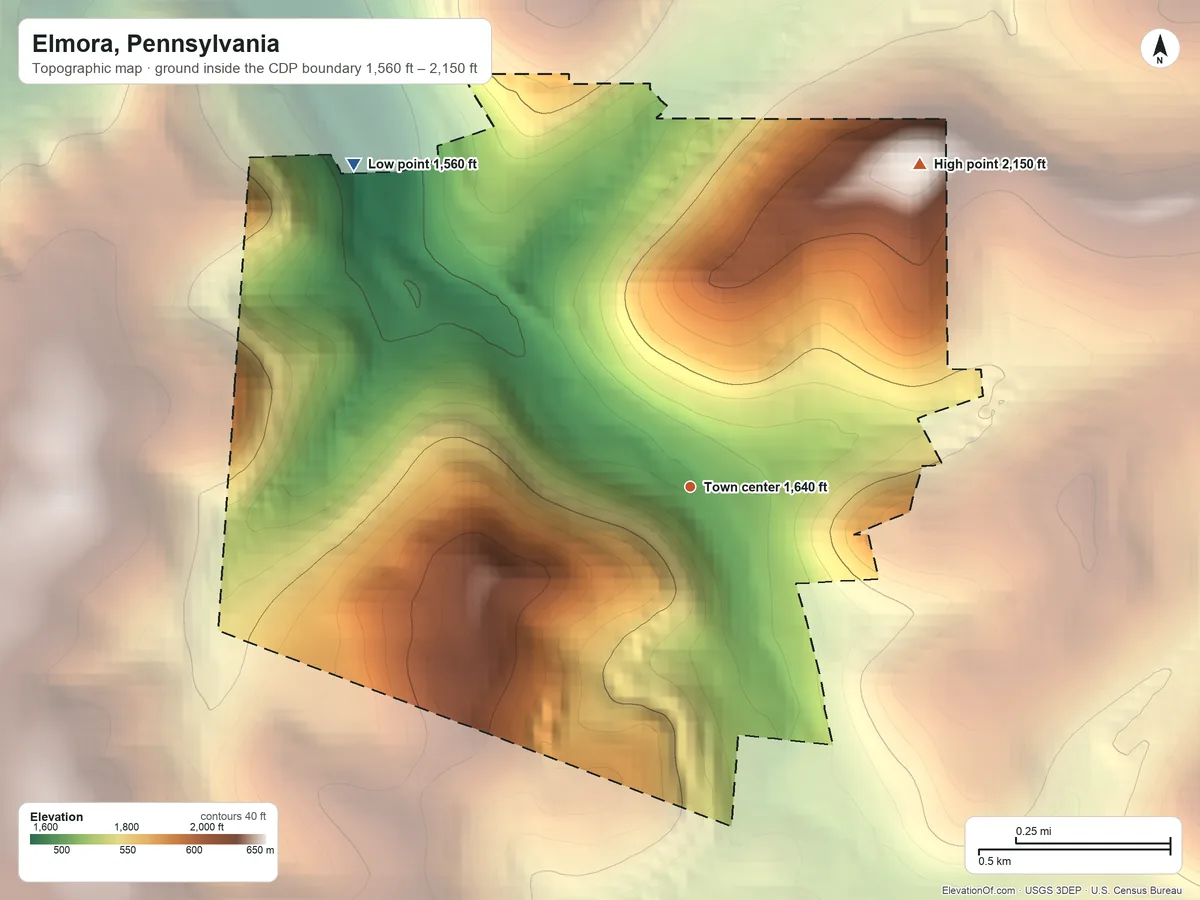 Topographic elevation map of Elmora, Pennsylvania, shaded from 1,560 ft on the northwest side to 2,150 ft on the northeast side
