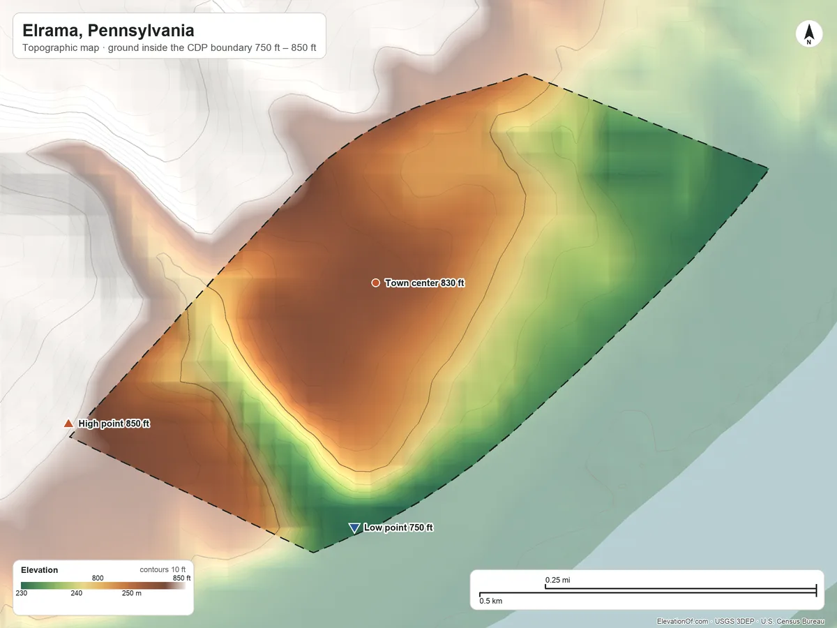 Topographic elevation map of Elrama, Pennsylvania, shaded from 750 ft on the south side to 850 ft on the southwest edge, below higher ground just outside